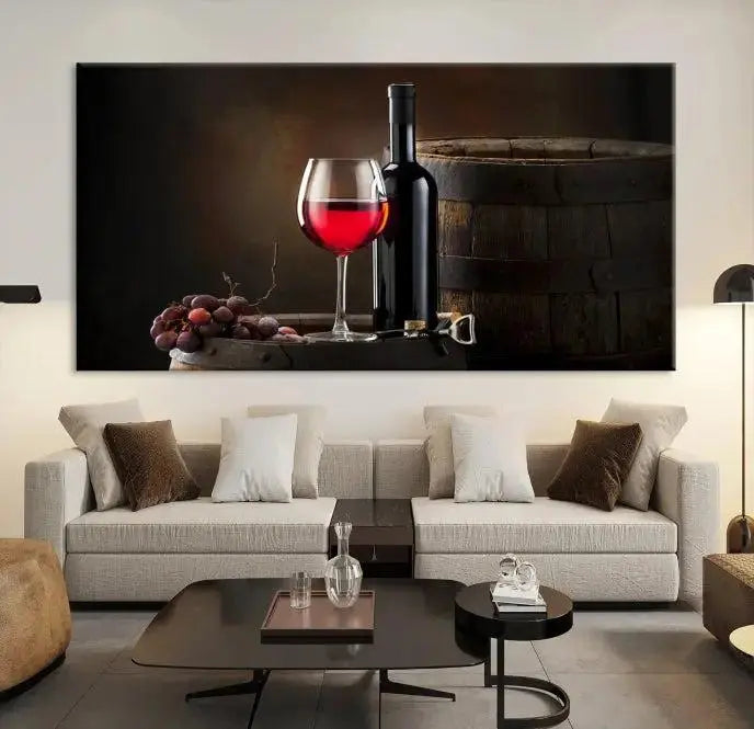 The wall art triptych on museum-quality canvas features the Red Wine and Bottle Canvas Print, showcasing wine, a glass, grapes, and barrels. The gallery-wrapped pieces ensure elegance while the UV-protective coating preserves their vibrant charm.