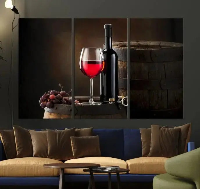 The wall art triptych on museum-quality canvas features the Red Wine and Bottle Canvas Print, showcasing wine, a glass, grapes, and barrels. The gallery-wrapped pieces ensure elegance while the UV-protective coating preserves their vibrant charm.