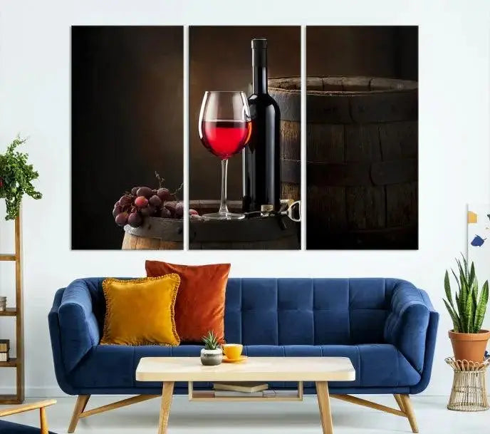 The wall art triptych on museum-quality canvas features the Red Wine and Bottle Canvas Print, showcasing wine, a glass, grapes, and barrels. The gallery-wrapped pieces ensure elegance while the UV-protective coating preserves their vibrant charm.