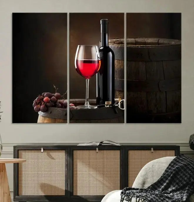 The wall art triptych on museum-quality canvas features the Red Wine and Bottle Canvas Print, showcasing wine, a glass, grapes, and barrels. The gallery-wrapped pieces ensure elegance while the UV-protective coating preserves their vibrant charm.