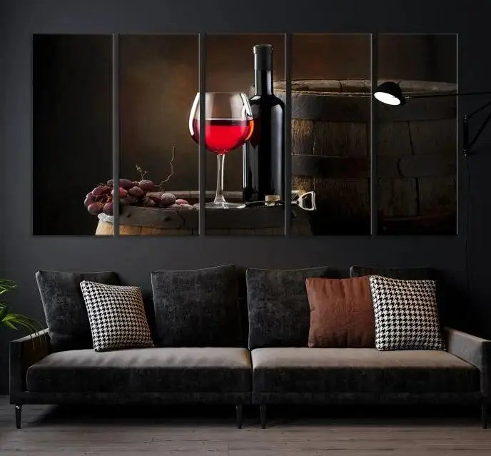 The wall art triptych on museum-quality canvas features the Red Wine and Bottle Canvas Print, showcasing wine, a glass, grapes, and barrels. The gallery-wrapped pieces ensure elegance while the UV-protective coating preserves their vibrant charm.