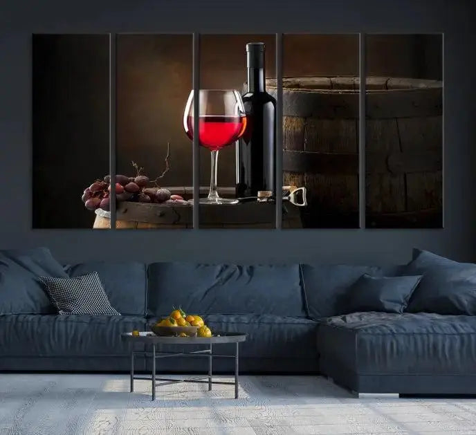 The wall art triptych on museum-quality canvas features the Red Wine and Bottle Canvas Print, showcasing wine, a glass, grapes, and barrels. The gallery-wrapped pieces ensure elegance while the UV-protective coating preserves their vibrant charm.