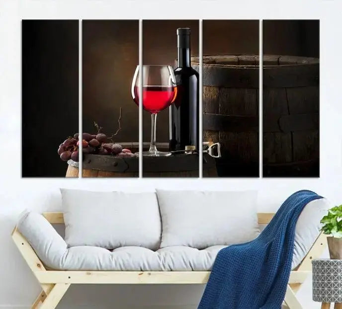 The wall art triptych on museum-quality canvas features the Red Wine and Bottle Canvas Print, showcasing wine, a glass, grapes, and barrels. The gallery-wrapped pieces ensure elegance while the UV-protective coating preserves their vibrant charm.