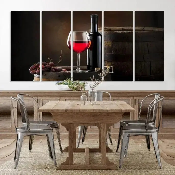 The wall art triptych on museum-quality canvas features the Red Wine and Bottle Canvas Print, showcasing wine, a glass, grapes, and barrels. The gallery-wrapped pieces ensure elegance while the UV-protective coating preserves their vibrant charm.