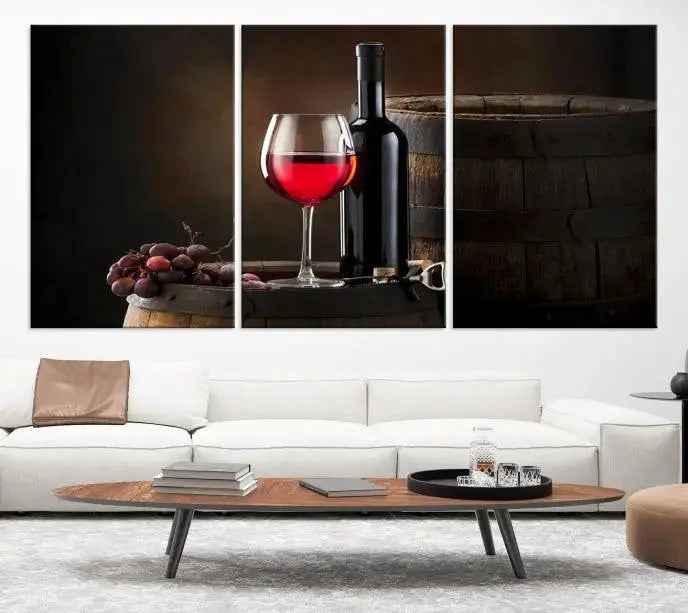 The wall art triptych on museum-quality canvas features the Red Wine and Bottle Canvas Print, showcasing wine, a glass, grapes, and barrels. The gallery-wrapped pieces ensure elegance while the UV-protective coating preserves their vibrant charm.