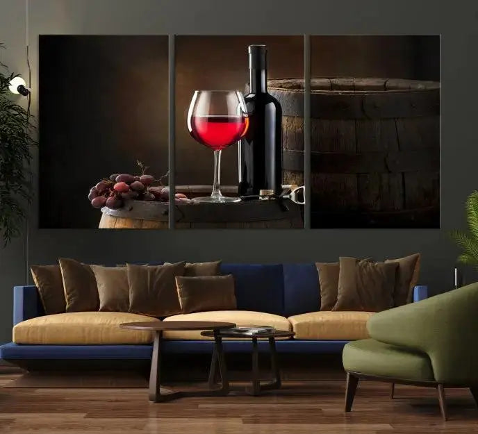 The wall art triptych on museum-quality canvas features the Red Wine and Bottle Canvas Print, showcasing wine, a glass, grapes, and barrels. The gallery-wrapped pieces ensure elegance while the UV-protective coating preserves their vibrant charm.