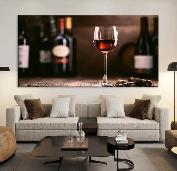 The "Red Wine and Bottle Canvas Print" is a triptych on museum-quality canvas, featuring a glass of red wine with subtle depictions of wine bottles and corks in the background, all beautifully gallery wrapped.