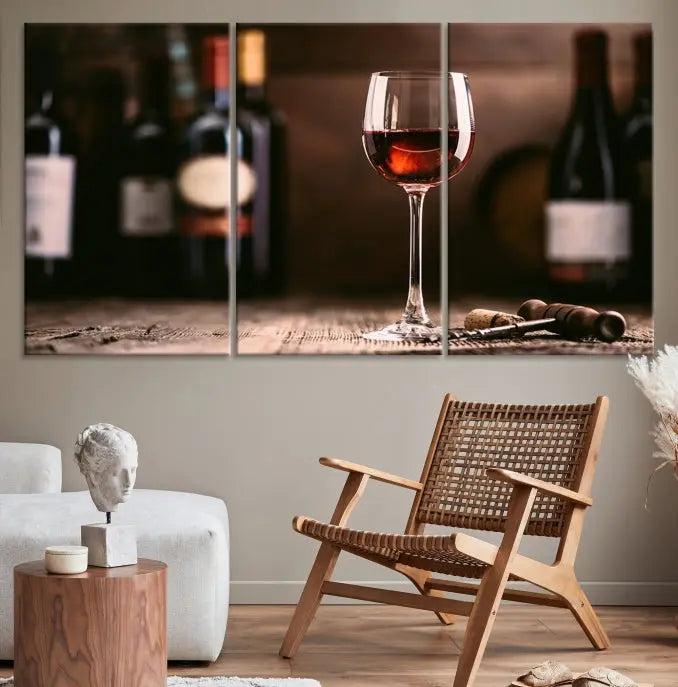 The "Red Wine and Bottle Canvas Print" is a triptych on museum-quality canvas, featuring a glass of red wine with subtle depictions of wine bottles and corks in the background, all beautifully gallery wrapped.