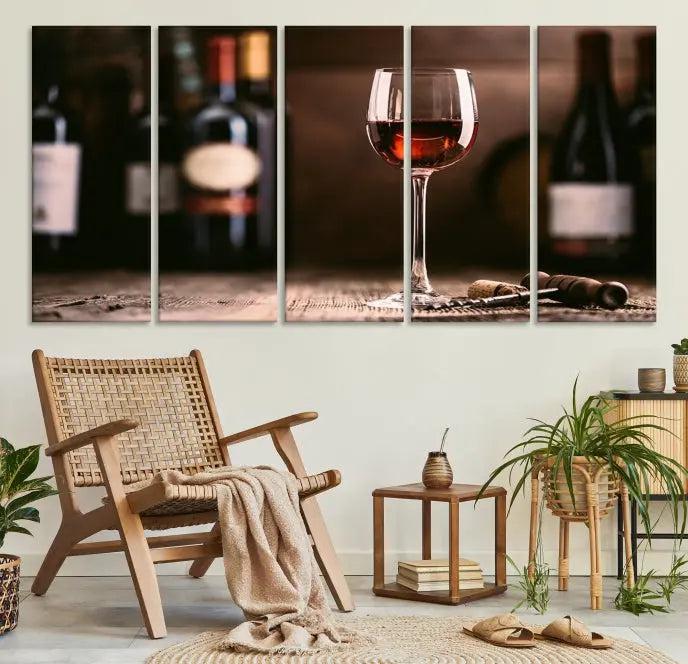 The "Red Wine and Bottle Canvas Print" is a triptych on museum-quality canvas, featuring a glass of red wine with subtle depictions of wine bottles and corks in the background, all beautifully gallery wrapped.