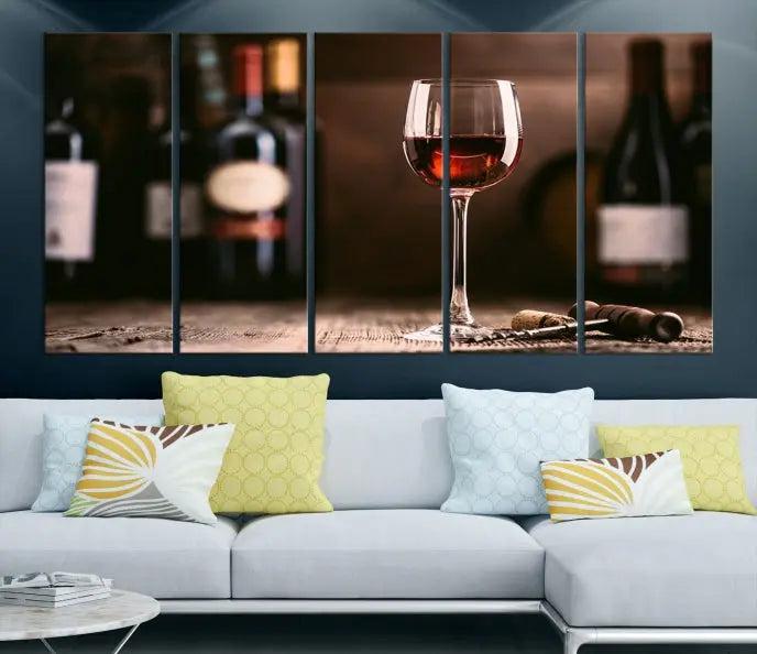 The "Red Wine and Bottle Canvas Print" is a triptych on museum-quality canvas, featuring a glass of red wine with subtle depictions of wine bottles and corks in the background, all beautifully gallery wrapped.