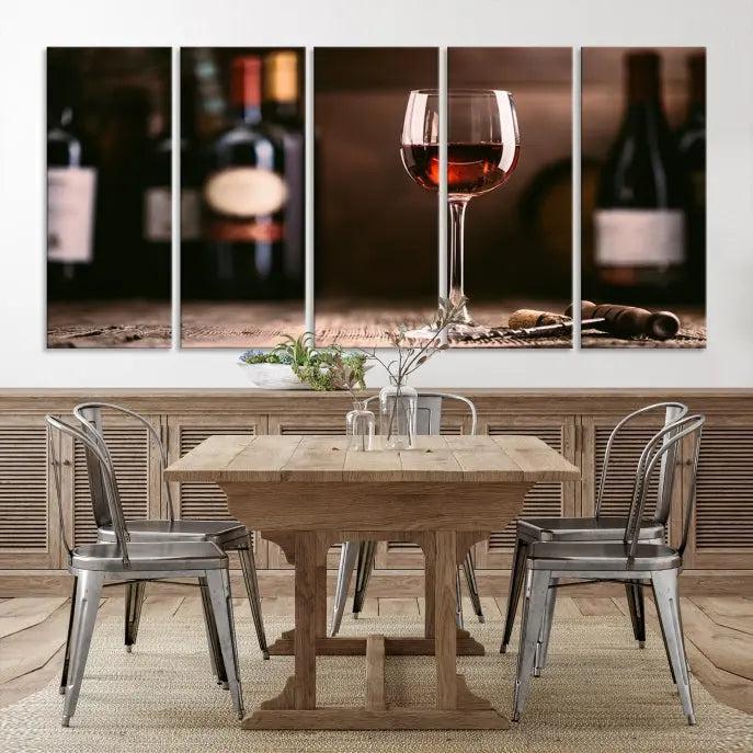 The "Red Wine and Bottle Canvas Print" is a triptych on museum-quality canvas, featuring a glass of red wine with subtle depictions of wine bottles and corks in the background, all beautifully gallery wrapped.