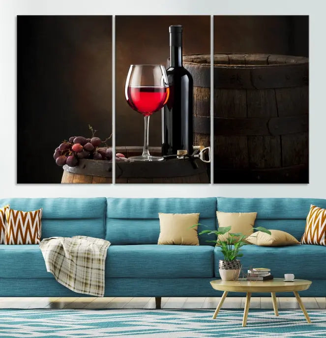 The wall art triptych on museum-quality canvas features the Red Wine and Bottle Canvas Print, showcasing wine, a glass, grapes, and barrels. The gallery-wrapped pieces ensure elegance while the UV-protective coating preserves their vibrant charm.