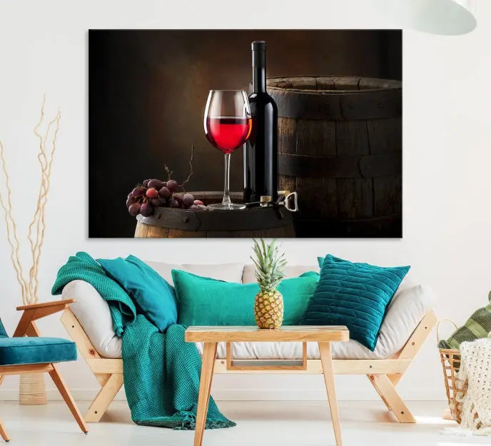 The wall art triptych on museum-quality canvas features the Red Wine and Bottle Canvas Print, showcasing wine, a glass, grapes, and barrels. The gallery-wrapped pieces ensure elegance while the UV-protective coating preserves their vibrant charm.