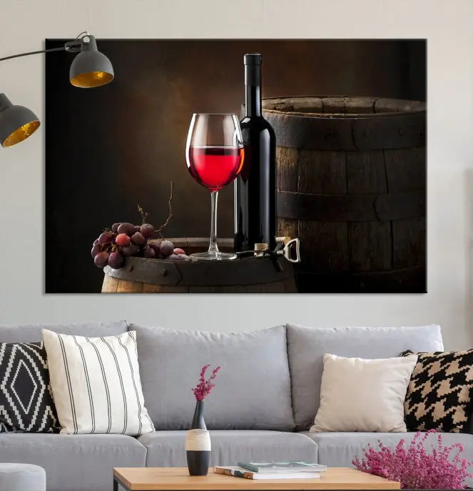 The wall art triptych on museum-quality canvas features the Red Wine and Bottle Canvas Print, showcasing wine, a glass, grapes, and barrels. The gallery-wrapped pieces ensure elegance while the UV-protective coating preserves their vibrant charm.