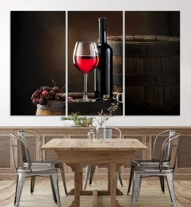 The wall art triptych on museum-quality canvas features the Red Wine and Bottle Canvas Print, showcasing wine, a glass, grapes, and barrels. The gallery-wrapped pieces ensure elegance while the UV-protective coating preserves their vibrant charm.