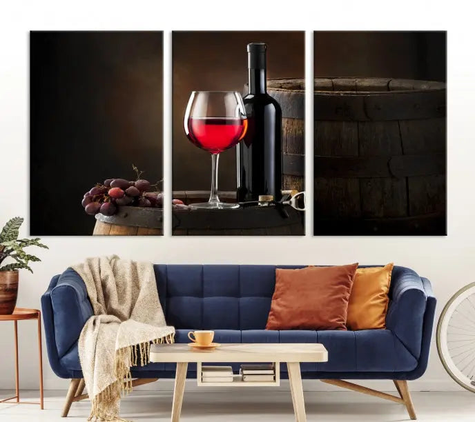 The wall art triptych on museum-quality canvas features the Red Wine and Bottle Canvas Print, showcasing wine, a glass, grapes, and barrels. The gallery-wrapped pieces ensure elegance while the UV-protective coating preserves their vibrant charm.