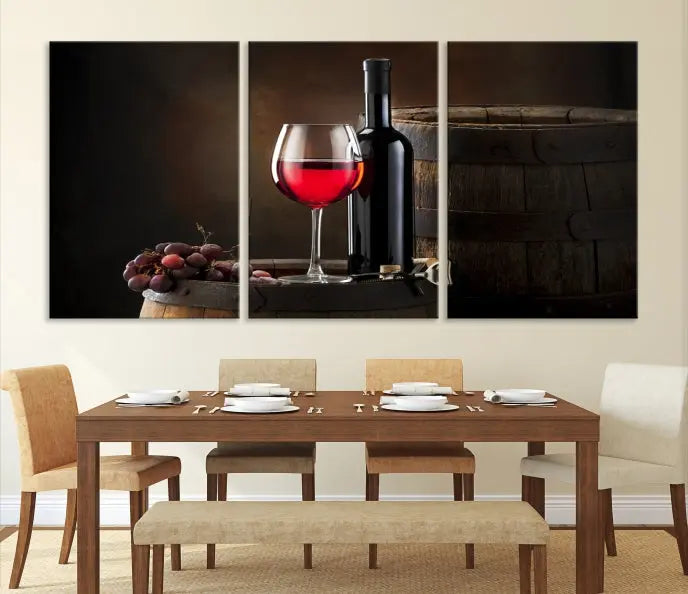 The wall art triptych on museum-quality canvas features the Red Wine and Bottle Canvas Print, showcasing wine, a glass, grapes, and barrels. The gallery-wrapped pieces ensure elegance while the UV-protective coating preserves their vibrant charm.