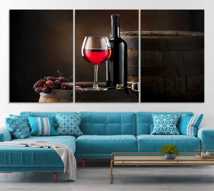 The wall art triptych on museum-quality canvas features the Red Wine and Bottle Canvas Print, showcasing wine, a glass, grapes, and barrels. The gallery-wrapped pieces ensure elegance while the UV-protective coating preserves their vibrant charm.