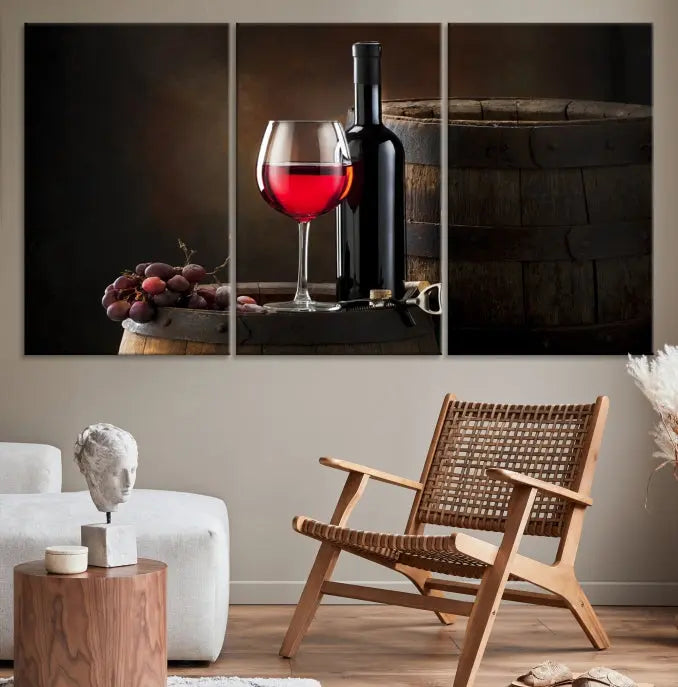 The wall art triptych on museum-quality canvas features the Red Wine and Bottle Canvas Print, showcasing wine, a glass, grapes, and barrels. The gallery-wrapped pieces ensure elegance while the UV-protective coating preserves their vibrant charm.