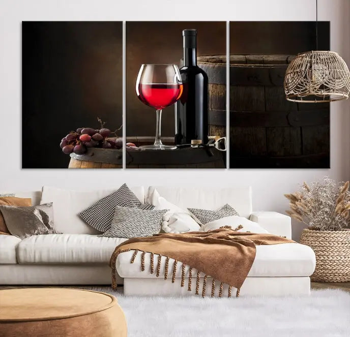 The wall art triptych on museum-quality canvas features the Red Wine and Bottle Canvas Print, showcasing wine, a glass, grapes, and barrels. The gallery-wrapped pieces ensure elegance while the UV-protective coating preserves their vibrant charm.