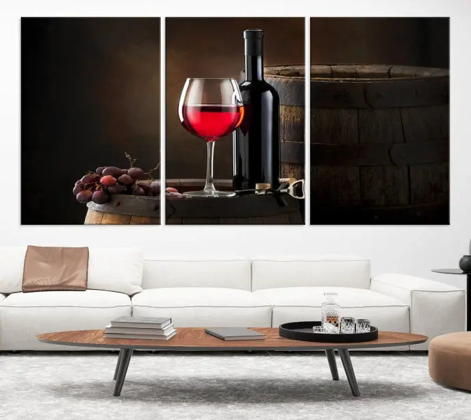 The wall art triptych on museum-quality canvas features the Red Wine and Bottle Canvas Print, showcasing wine, a glass, grapes, and barrels. The gallery-wrapped pieces ensure elegance while the UV-protective coating preserves their vibrant charm.