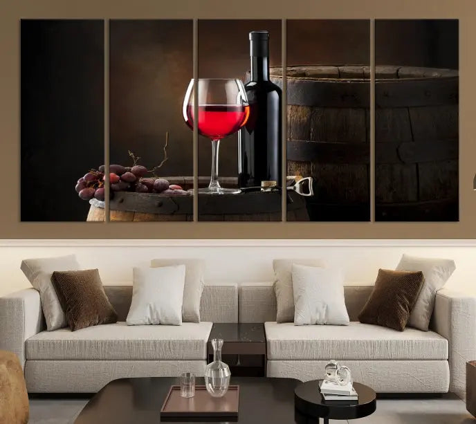 The wall art triptych on museum-quality canvas features the Red Wine and Bottle Canvas Print, showcasing wine, a glass, grapes, and barrels. The gallery-wrapped pieces ensure elegance while the UV-protective coating preserves their vibrant charm.