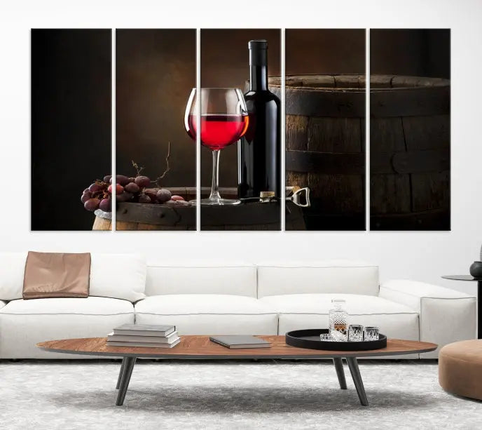 The wall art triptych on museum-quality canvas features the Red Wine and Bottle Canvas Print, showcasing wine, a glass, grapes, and barrels. The gallery-wrapped pieces ensure elegance while the UV-protective coating preserves their vibrant charm.