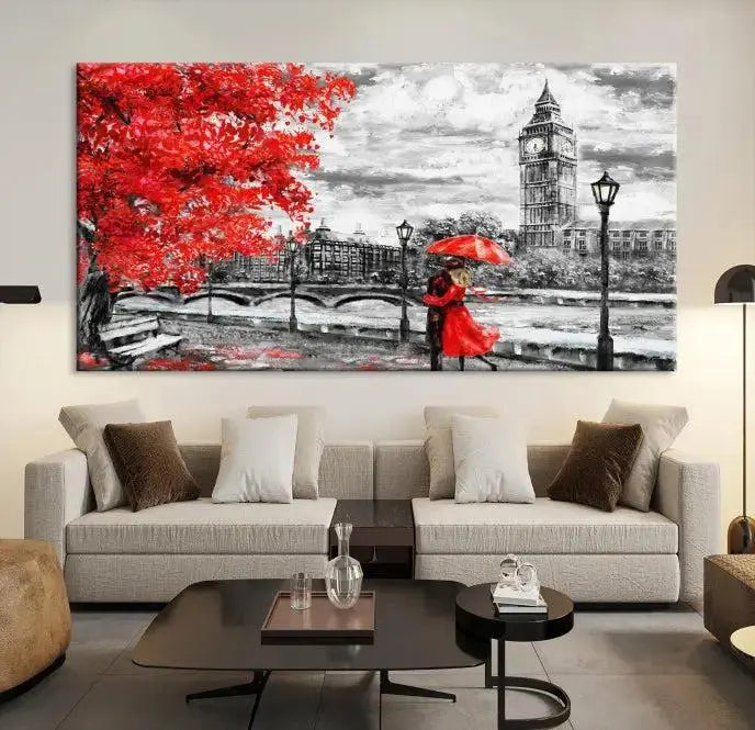 The "Red and Love in London Canvas Print" showcases a red-accented scene of a couple near Big Ben, surrounded by vibrant red trees. Designed on museum-quality canvas with a UV-protective coating, this artwork is ready to hang and adds an elegant touch to any room.