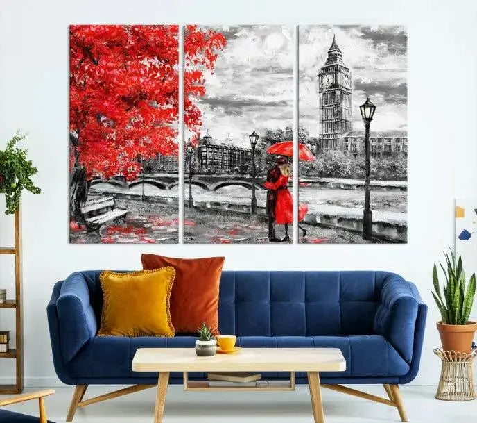 The "Red and Love in London Canvas Print" showcases a red-accented scene of a couple near Big Ben, surrounded by vibrant red trees. Designed on museum-quality canvas with a UV-protective coating, this artwork is ready to hang and adds an elegant touch to any room.