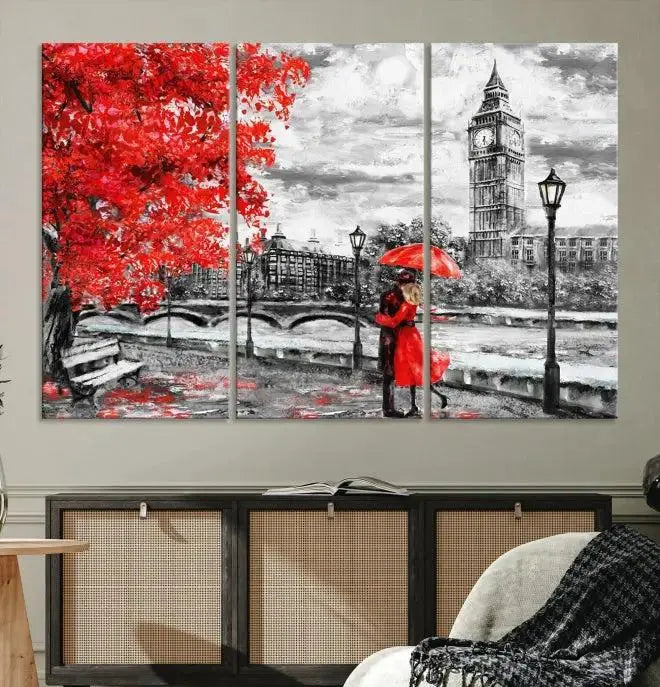 The "Red and Love in London Canvas Print" showcases a red-accented scene of a couple near Big Ben, surrounded by vibrant red trees. Designed on museum-quality canvas with a UV-protective coating, this artwork is ready to hang and adds an elegant touch to any room.