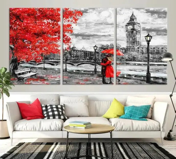 The "Red and Love in London Canvas Print" showcases a red-accented scene of a couple near Big Ben, surrounded by vibrant red trees. Designed on museum-quality canvas with a UV-protective coating, this artwork is ready to hang and adds an elegant touch to any room.