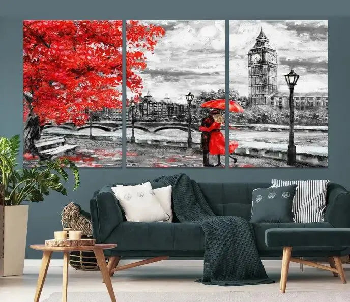 The "Red and Love in London Canvas Print" showcases a red-accented scene of a couple near Big Ben, surrounded by vibrant red trees. Designed on museum-quality canvas with a UV-protective coating, this artwork is ready to hang and adds an elegant touch to any room.