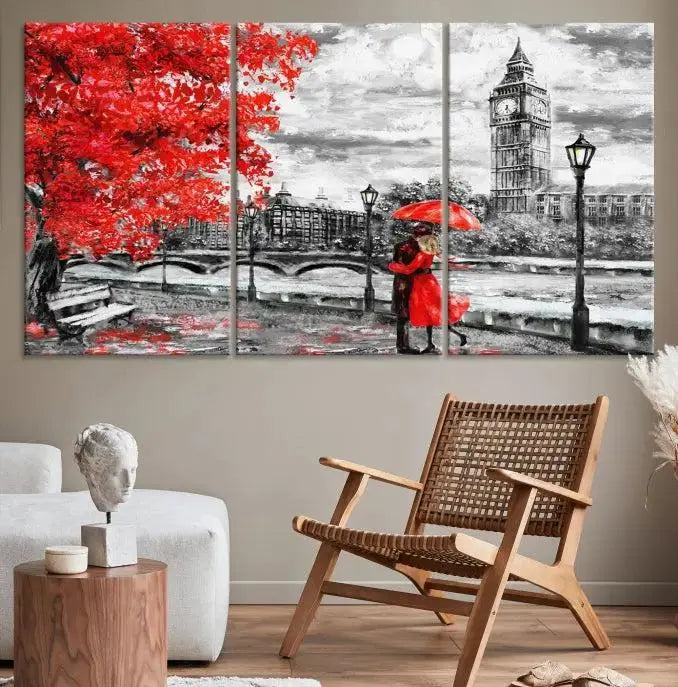 The "Red and Love in London Canvas Print" showcases a red-accented scene of a couple near Big Ben, surrounded by vibrant red trees. Designed on museum-quality canvas with a UV-protective coating, this artwork is ready to hang and adds an elegant touch to any room.