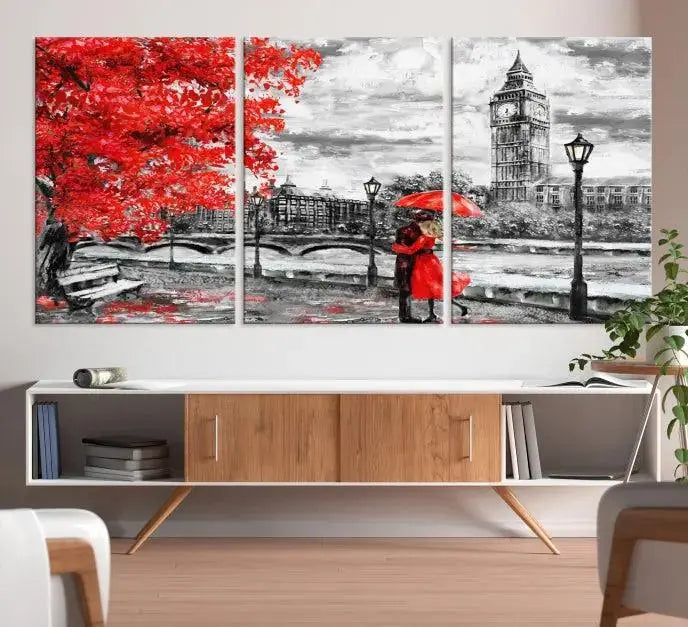 The "Red and Love in London Canvas Print" showcases a red-accented scene of a couple near Big Ben, surrounded by vibrant red trees. Designed on museum-quality canvas with a UV-protective coating, this artwork is ready to hang and adds an elegant touch to any room.