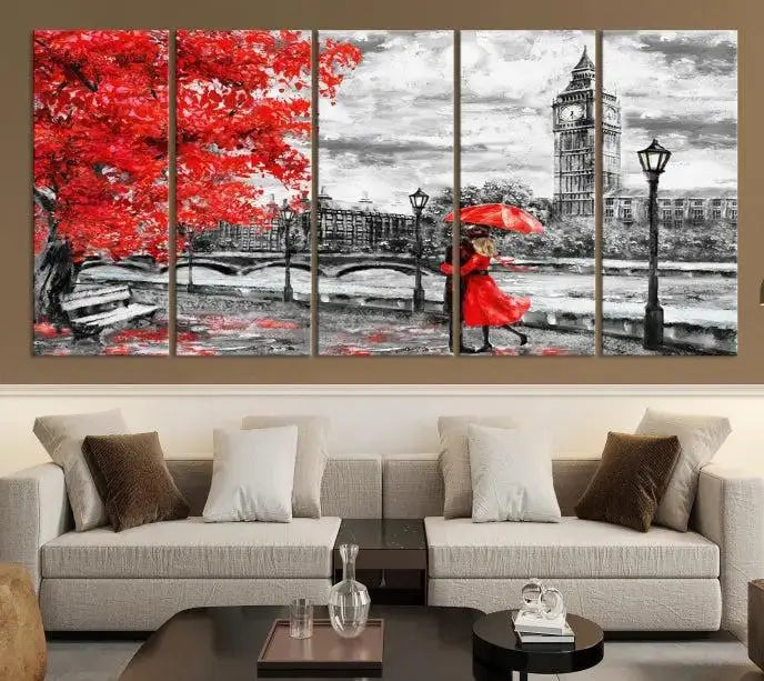 The "Red and Love in London Canvas Print" showcases a red-accented scene of a couple near Big Ben, surrounded by vibrant red trees. Designed on museum-quality canvas with a UV-protective coating, this artwork is ready to hang and adds an elegant touch to any room.