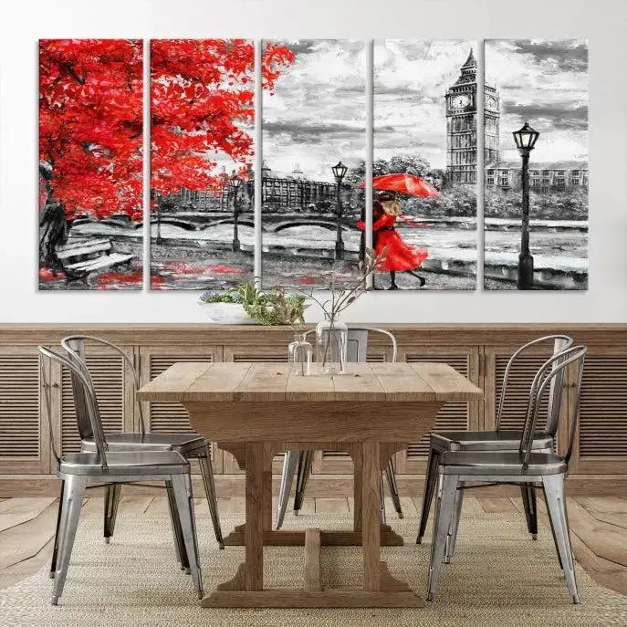 The "Red and Love in London Canvas Print" showcases a red-accented scene of a couple near Big Ben, surrounded by vibrant red trees. Designed on museum-quality canvas with a UV-protective coating, this artwork is ready to hang and adds an elegant touch to any room.