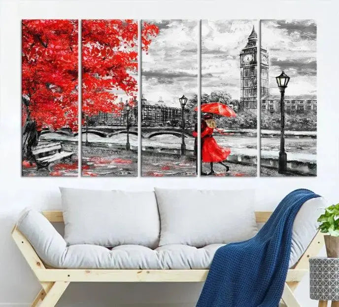 The "Red and Love in London Canvas Print" showcases a red-accented scene of a couple near Big Ben, surrounded by vibrant red trees. Designed on museum-quality canvas with a UV-protective coating, this artwork is ready to hang and adds an elegant touch to any room.