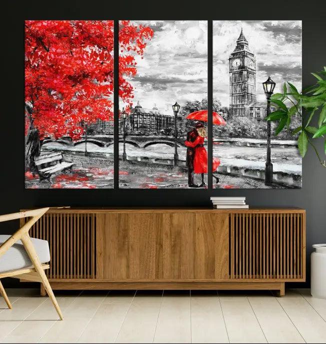 The "Red and Love in London Canvas Print" showcases a red-accented scene of a couple near Big Ben, surrounded by vibrant red trees. Designed on museum-quality canvas with a UV-protective coating, this artwork is ready to hang and adds an elegant touch to any room.