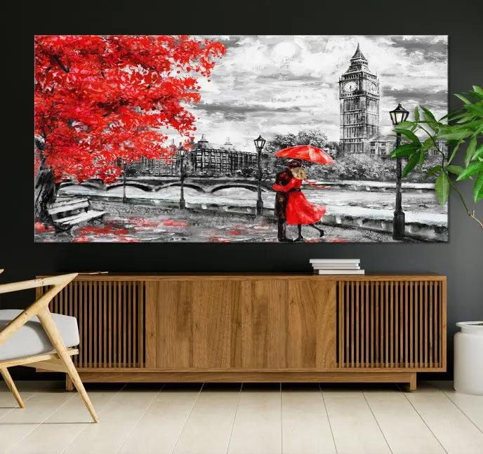 The "Red and Love in London Canvas Print" showcases a red-accented scene of a couple near Big Ben, surrounded by vibrant red trees. Designed on museum-quality canvas with a UV-protective coating, this artwork is ready to hang and adds an elegant touch to any room.