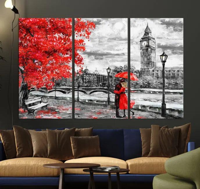 The "Red and Love in London Canvas Print" showcases a red-accented scene of a couple near Big Ben, surrounded by vibrant red trees. Designed on museum-quality canvas with a UV-protective coating, this artwork is ready to hang and adds an elegant touch to any room.