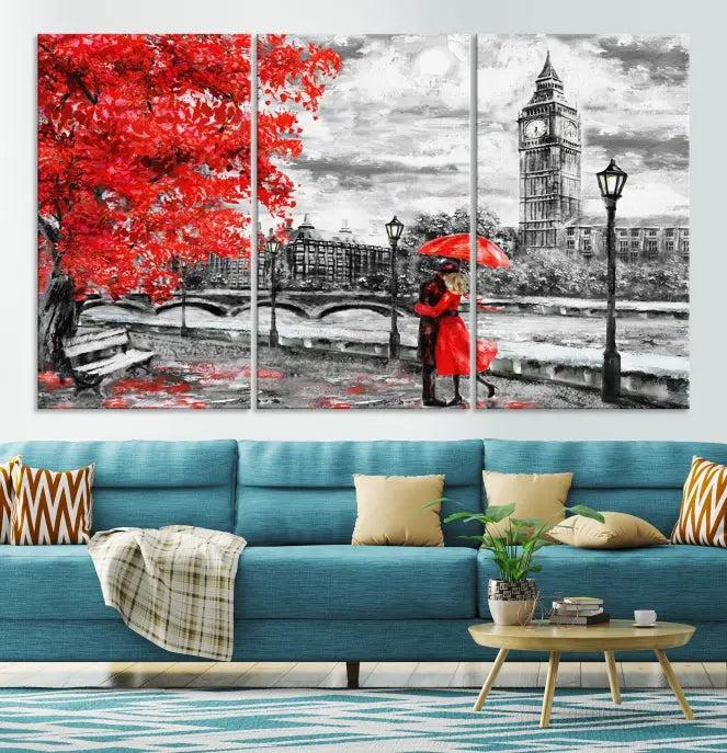 The "Red and Love in London Canvas Print" showcases a red-accented scene of a couple near Big Ben, surrounded by vibrant red trees. Designed on museum-quality canvas with a UV-protective coating, this artwork is ready to hang and adds an elegant touch to any room.