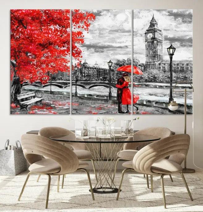 The "Red and Love in London Canvas Print" showcases a red-accented scene of a couple near Big Ben, surrounded by vibrant red trees. Designed on museum-quality canvas with a UV-protective coating, this artwork is ready to hang and adds an elegant touch to any room.