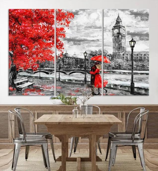 The "Red and Love in London Canvas Print" showcases a red-accented scene of a couple near Big Ben, surrounded by vibrant red trees. Designed on museum-quality canvas with a UV-protective coating, this artwork is ready to hang and adds an elegant touch to any room.