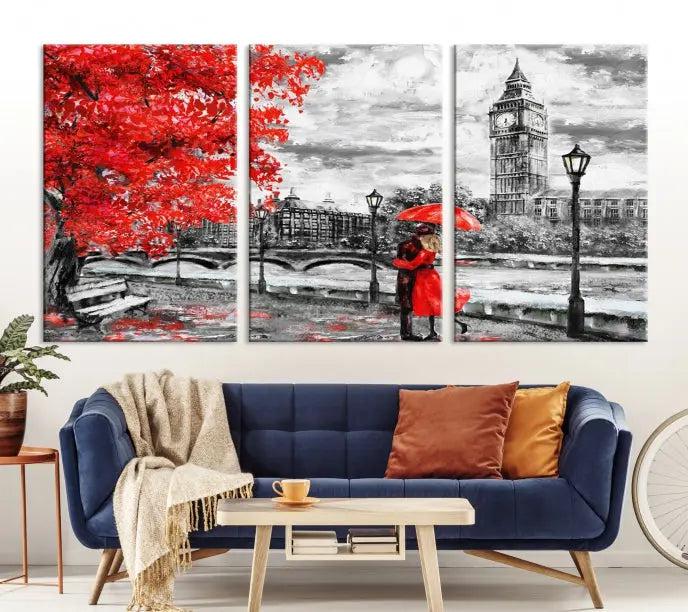 The "Red and Love in London Canvas Print" showcases a red-accented scene of a couple near Big Ben, surrounded by vibrant red trees. Designed on museum-quality canvas with a UV-protective coating, this artwork is ready to hang and adds an elegant touch to any room.