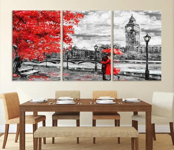 The "Red and Love in London Canvas Print" showcases a red-accented scene of a couple near Big Ben, surrounded by vibrant red trees. Designed on museum-quality canvas with a UV-protective coating, this artwork is ready to hang and adds an elegant touch to any room.