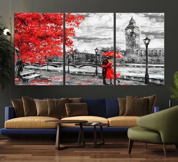 The "Red and Love in London Canvas Print" showcases a red-accented scene of a couple near Big Ben, surrounded by vibrant red trees. Designed on museum-quality canvas with a UV-protective coating, this artwork is ready to hang and adds an elegant touch to any room.