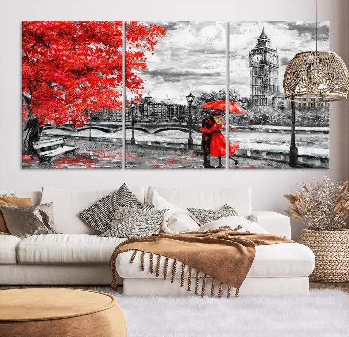 The "Red and Love in London Canvas Print" showcases a red-accented scene of a couple near Big Ben, surrounded by vibrant red trees. Designed on museum-quality canvas with a UV-protective coating, this artwork is ready to hang and adds an elegant touch to any room.