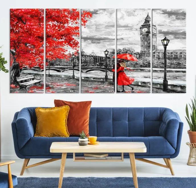 The "Red and Love in London Canvas Print" showcases a red-accented scene of a couple near Big Ben, surrounded by vibrant red trees. Designed on museum-quality canvas with a UV-protective coating, this artwork is ready to hang and adds an elegant touch to any room.