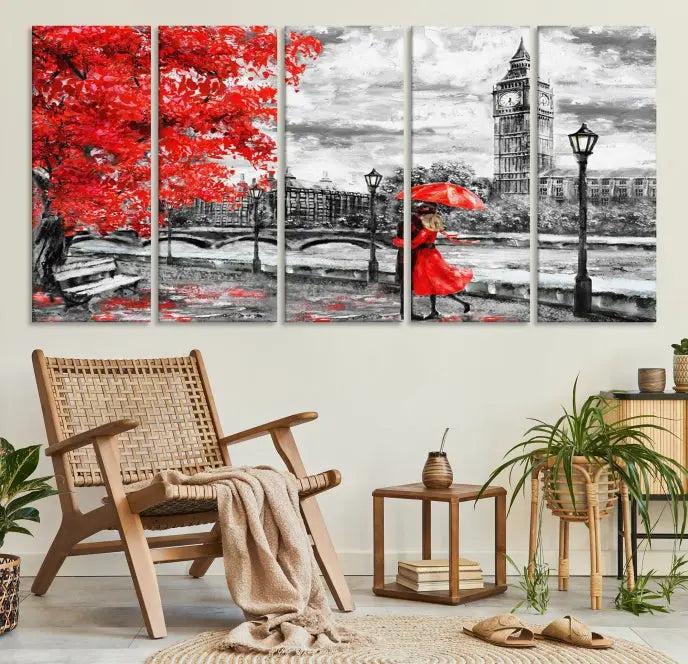 The "Red and Love in London Canvas Print" showcases a red-accented scene of a couple near Big Ben, surrounded by vibrant red trees. Designed on museum-quality canvas with a UV-protective coating, this artwork is ready to hang and adds an elegant touch to any room.