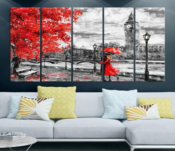 The "Red and Love in London Canvas Print" showcases a red-accented scene of a couple near Big Ben, surrounded by vibrant red trees. Designed on museum-quality canvas with a UV-protective coating, this artwork is ready to hang and adds an elegant touch to any room.